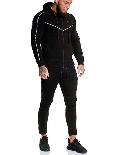 Code47 Herren Trainingsanzug Trainings-Anzug Reflektor Jogginganzug Jogger Sweat Sportanzug Jogging Anzug Hoodie-Sporthose Jogging-Anzug Jogging-Hose (L, Schwarz) von Code47