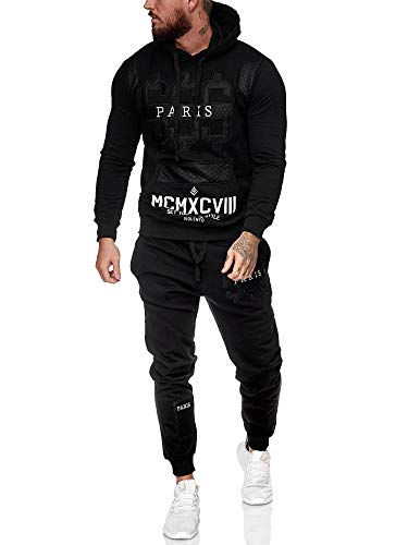 Leder Herren Jogging Anzug Jacke Sport Hose Fitness Jogginganzug Sportanzug Trainingsanzug Freizeitanzug Training Gym Männer Herrenanzug Hoodie Hose (XXL, schwarz) von Code47