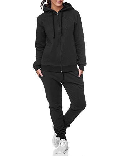 Uni Colour Damen Jogging Anzug Jacke Sport Hose Fitness Hoodie Hose Einfarbig Jogginganzug Sportanzug Fitnessanzug Trainingsanzug Gym Training Basic Design (S, Schwarz) von Code47