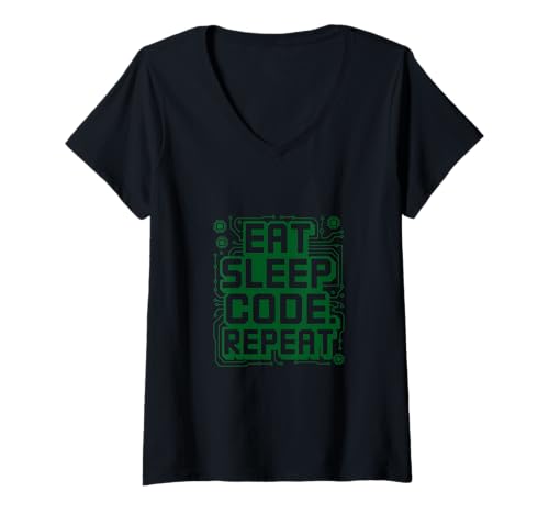 Damen Eat Sleep Code im Circuit-Stil wiederholen T-Shirt mit V-Ausschnitt Damen Eat Sleep Code im Circuit-Stil wiederholen T-Shirt mit V-Ausschnitt von Coder Life Circuit Board Graphics