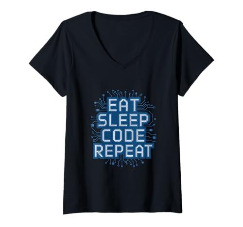 Damen Eat Sleep Code im Circuit-Stil wiederholen T-Shirt mit V-Ausschnitt Damen Eat Sleep Code im Circuit-Stil wiederholen T-Shirt mit V-Ausschnitt von Coder Life Circuit Board Graphics