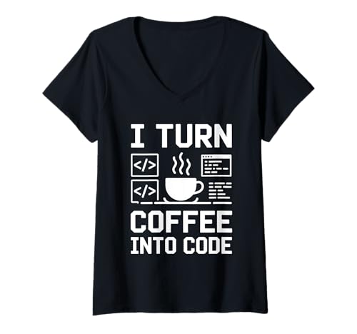 Damen Ich mache aus Kaffee Code Pun Binary Coding Geeks for Men T-Shirt mit V-Ausschnitt Damen Ich mache aus Kaffee Code Pun Binary Coding Geeks for Men T-Shirt mit V-Ausschnitt von Coder Programmer Programming Code Computer Geek