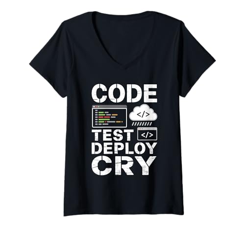 Damen Codetest Deploy Cry Vintage Code Computer Geek Programming T-Shirt mit V-Ausschnitt Damen Codetest Deploy Cry Vintage Code Computer Geek Programming T-Shirt mit V-Ausschnitt von Coder Programming Coding Geeks Programmer