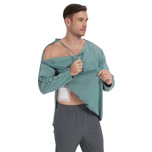Baumwoll-T-Shirt für Herren, nach Schulter-Operationen, Kleidung nach Rotatorenmanschette, Chirurgie, Chemo-Zugang, langärmeliges T-Shirt mit Druckknöpfen, Leinengrün, L Baumwoll-T-Shirt für Herren, nach Schulter-Operationen, Kleidung nach Rotatorenmanschette, Chirurgie, Chemo-Zugang, langärmeliges T-Shirt mit Druckknöpfen, Leinengrün, L von Codida