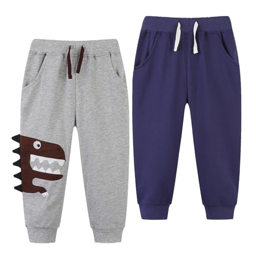 Codkkre 2er Pack Jogginghose Jungen Elastischem Bund Kinder Jogginghose Dinosaurier Baumwolle Hosen für Jungen Sweathose Kinder Sporthose Jogger Hose 110 Dinosaurier+Marineblau von Codkkre