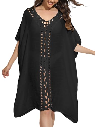 Codkkre Strandkleider Damen Sommer Cover up Strandkleid Pareos& Strandkleider für Damen Kimono Strand V-Ausschnitt häkel Beachwear Damen Einheitsgröße Schwarz von Codkkre