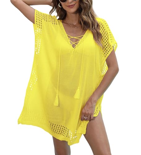 Codkkre Damen Gestrickte Strandkleid Sommer Kurz Knielang Badeanzug Bikini Cover Up Strandponcho V-Ausschnitt Sexy Beachwear Cutout Crochet Cover Ups, Gelb 2 von Codkkre