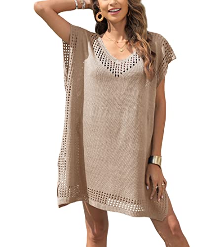 Codkkre Damen Gestrickte Strandkleid Sommer Kurz Knielang Badeanzug Bikini Cover Up Strandponcho V-Ausschnitt Sexy Beachwear Cutout Crochet Cover Ups, Grau von Codkkre