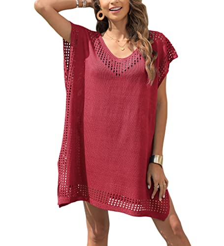 Codkkre Damen Gestrickte Strandkleid Sommer Kurz Knielang Badeanzug Bikini Cover Up Strandponcho V-Ausschnitt Sexy Beachwear Cutout Crochet Cover Ups, Rot von Codkkre