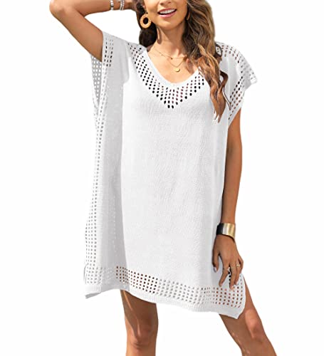 Codkkre Damen Gestrickte Strandkleid Sommer Kurz Knielang Badeanzug Bikini Cover Up Strandponcho V-Ausschnitt Sexy Beachwear Cutout Crochet Cover Ups, Weiß von Codkkre