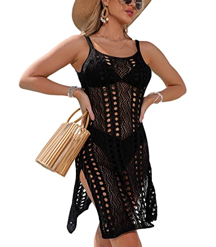 Codkkre Damen Gestrickte Strandkleid Spaghettiträger Häkelkleid Bikini Cover Up Strandponcho mit Seitenschlitz Bademode Kleid Sexy Cutout Beach Crochet Cover Ups, Schwarz, L von Codkkre