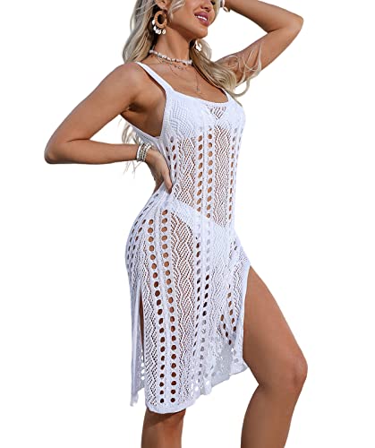 Codkkre Damen Gestrickte Strandkleid Spaghettiträger Häkelkleid Bikini Cover Up Strandponcho mit Seitenschlitz Bademode Kleid Sexy Cutout Beach Crochet Cover Ups, Weiß, L von Codkkre