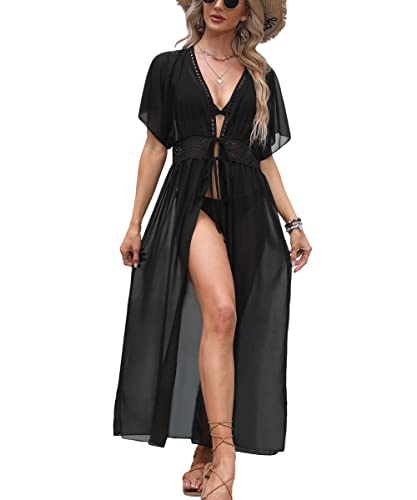 Codkkre Damen Sommer Maxi Strandkleid Bikini Badeanzug Cover Up Kimono Lang Leichte Chiffon Strickjacke Beachwear Boho Strand Cardigan Beach Maxi Dress, Schwarz, M von Codkkre