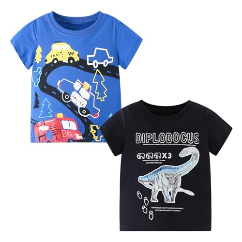 Codkkre Jungen T-Shirt Baumwolle 2er Pack Dinosaurier T Shirt Kurzarm Kinder Rundhals Sommer Tops für Jungs 3-8 Jahre, Blau Auto/Dunkelblau Dino, 116 von Codkkre