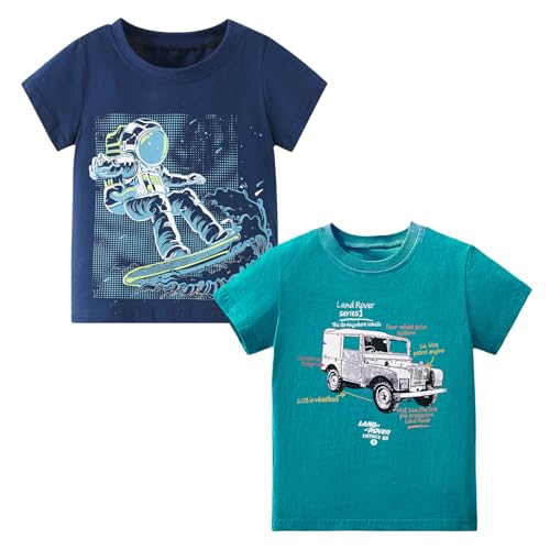 Codkkre Jungen T-Shirt Baumwolle 2er Pack Dinosaurier T Shirt Kurzarm Kinder Rundhals Sommer Tops für Jungs 3-8 Jahre, Dunkelblau Astronaut/Blau Auto, 116 von Codkkre