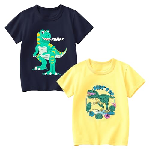 Codkkre Jungen T-Shirt Baumwolle 2er Pack Dinosaurier T Shirt Kurzarm Kinder Rundhals Sommer Tops für Jungs 3-8 Jahre, Dunkelblau Dino/Gelber Dino, 128 von Codkkre
