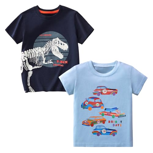 Codkkre Jungen T-Shirt Baumwolle 2er Pack Dinosaurier T Shirt Kurzarm Kinder Rundhals Sommer Tops für Jungs 3-8 Jahre, Dunkelblau Dino/Hellblau Auto, 122 von Codkkre