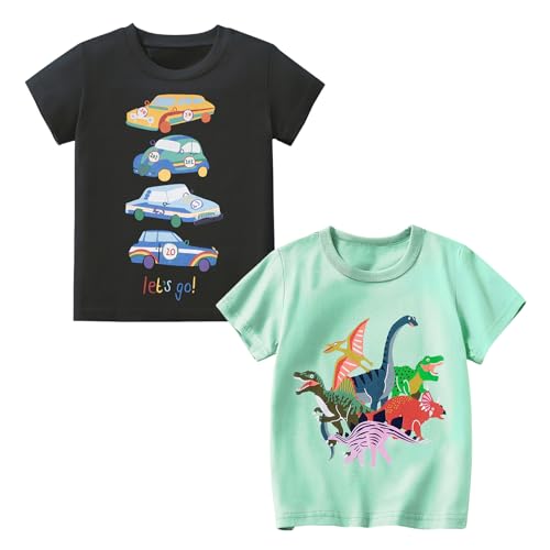 Codkkre Jungen T-Shirt Baumwolle 2er Pack Dinosaurier T Shirt Kurzarm Kinder Rundhals Sommer Tops für Jungs 3-8 Jahre, Dunkelgrau Auto/Grün Dino, 110 von Codkkre