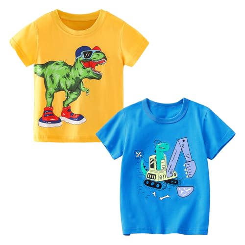 Codkkre Jungen T-Shirt Baumwolle 2er Pack Dinosaurier T Shirt Kurzarm Kinder Rundhals Sommer Tops für Jungs 3-8 Jahre, Gelber Dino/Blau Bagger, 104 von Codkkre