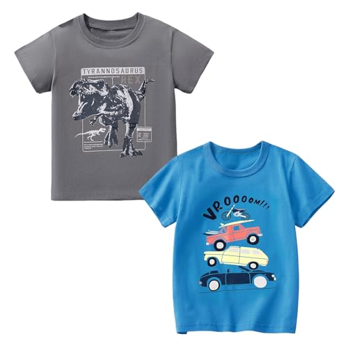 Codkkre Jungen T-Shirt Baumwolle 2er Pack Dinosaurier T Shirt Kurzarm Kinder Rundhals Sommer Tops für Jungs 3-8 Jahre, Grau Dino/Blau Auto, 98 von Codkkre