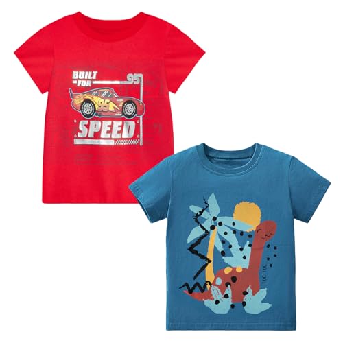 Codkkre Jungen T-Shirt Baumwolle 2er Pack Dinosaurier T Shirt Kurzarm Kinder Rundhals Sommer Tops für Jungs 3-8 Jahre, Rot Auto/Blau Dino, 128 von Codkkre