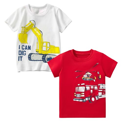 Codkkre Jungen T-Shirt Baumwolle 2er Pack Dinosaurier T Shirt Kurzarm Kinder Rundhals Sommer Tops für Jungs 3-8 Jahre, Weiß Bagger/Rot Hubschrauber, 122 von Codkkre