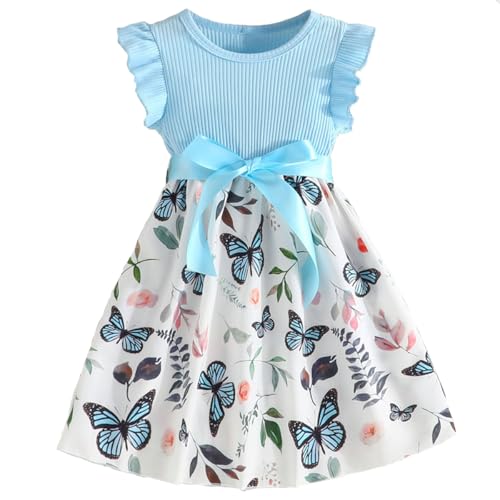 Codkkre Mädchenkleid Blumen Bowknot Rüschenärmel A-Linie Sommer Ostern Rundhals Blauer Schmetterling 122 von Codkkre