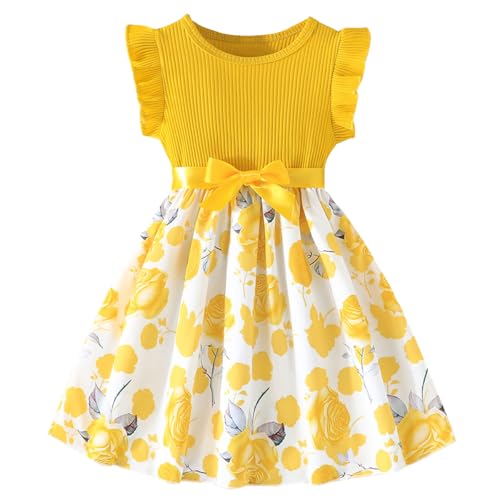 Codkkre Mädchen Kleid Blumen Bowknot Kinder Kleider Rüschenärmel A-Linie Mädchen Kleid Sommer Ostern Mädchen Kleid Rundhals Gelbe Rose 122 von Codkkre