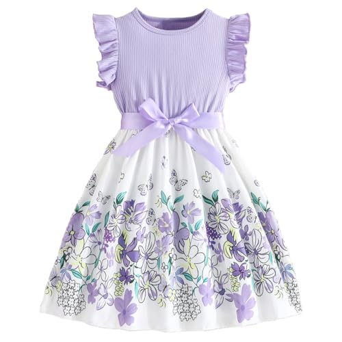 Codkkre Mädchen Kleid Blumen Bowknot Kinder Kleider Rüschenärmel A-Linie Mädchen Kleid Sommer Ostern Mädchen Kleid Rundhals Lila Blume 122 von Codkkre