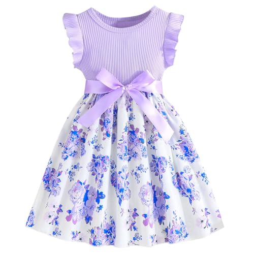 Codkkre Mädchen Kleid Blumen Bowknot Kinder Kleider Rüschenärmel A-Linie Mädchen Kleid Sommer Ostern Mädchen Kleid Rundhals Lila Rose 110 von Codkkre