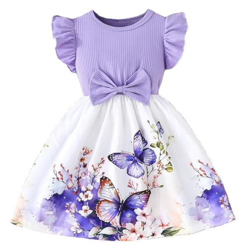 Codkkre Mädchenkleid Blumen Bowknot Rüschenärmel A-Linie Sommer Ostern Lila Schmetterling 110 von Codkkre