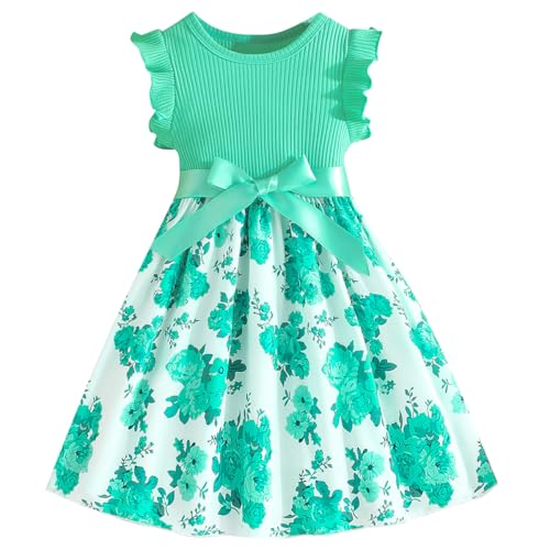 Codkkre Mädchen Kleid Blumen Bowknot Kinder Kleider Rüschenärmel A-Linie Mädchen Kleid Sommer Ostern Mädchen Kleid Rundhals Mintgrüne Rose 116 von Codkkre