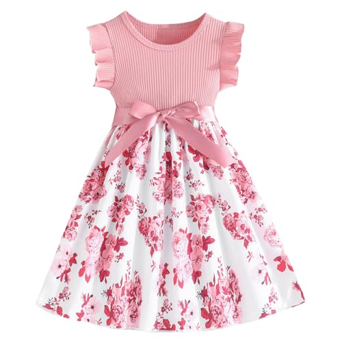 Codkkre Mädchen Kleid Blumen Bowknot Kinder Kleider Rüschenärmel A-Linie Sommer Ostern Mädchen Kleid Rundhals Rosa Rose 122 von Codkkre