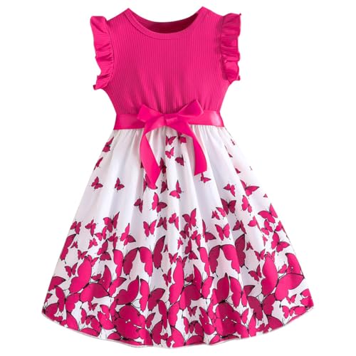 Codkkre Mädchenkleid Blumen Bowknot Rüschenärmel A-Linie Sommer Ostern Rosa Schmetterling 116 von Codkkre