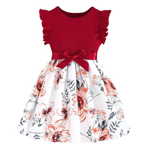 Codkkre Mädchenkleid Blumen Bowknot Rüschenärmel A-Linie Sommer Ostern Rundhals Rote Blume 104 von Codkkre