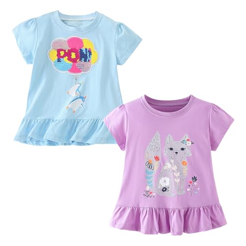 Codkkre Mädchen T-Shirt 2er Pack Baumwolle Tshirt Einhorn Kinder Kurzarm Rundhals Oberteil Sommer Kleidung für Kind 3-8 Jahre, Ballon Blau/Katze Lila, 104 von Codkkre