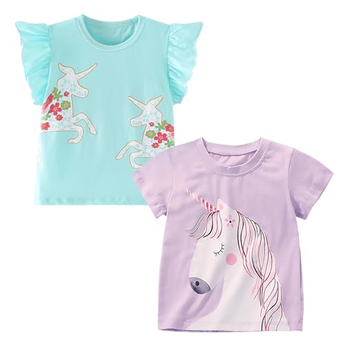 Codkkre Mädchen T-Shirt 2er Pack Baumwolle Tshirt Einhorn Kinder Kurzarm Rundhals Oberteil Sommer Kleidung für Kind 3-8 Jahre, Einhorn Grün/Einhorn Lila, 104 von Codkkre
