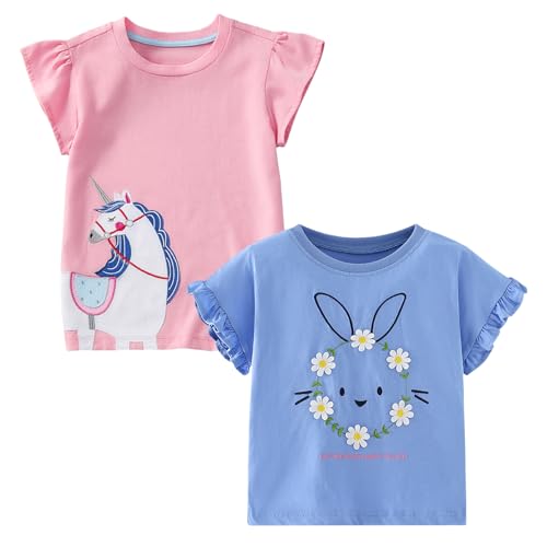 Codkkre Mädchen T-Shirt 2er Pack Baumwolle Tshirt Einhorn Kinder Kurzarm Rundhals Oberteil Sommer Kleidung für Kind 3-8 Jahre, Einhorn Rosa/Hare Blau, 104 von Codkkre
