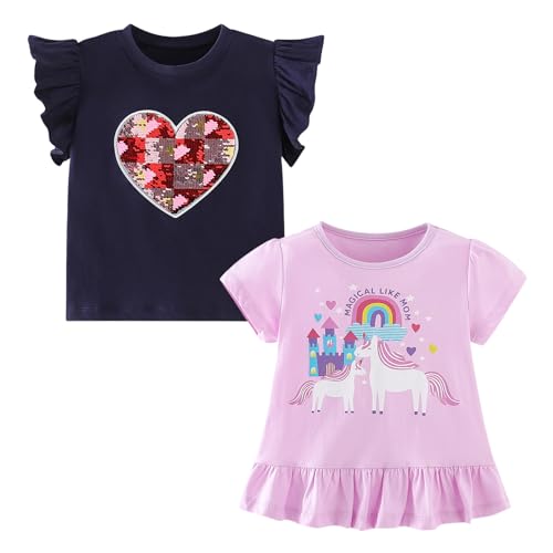 Codkkre Mädchen T-Shirt 2er Pack Baumwolle Tshirt Einhorn Kinder Kurzarm Rundhals Oberteil Sommer Kleidung für Kind 3-8 Jahre, Herz Dunkelblau/Einhorn Rosa, 104 von Codkkre