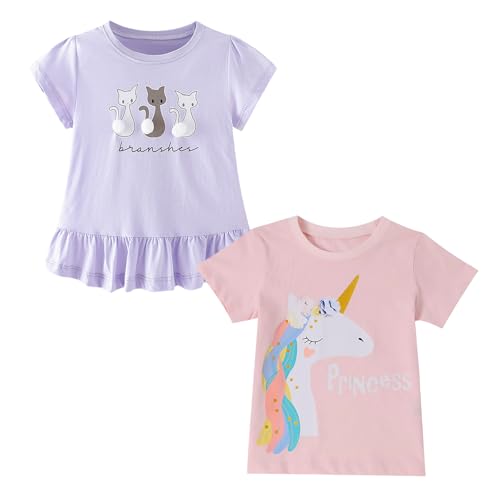 Codkkre Mädchen T-Shirt 2er Pack Baumwolle Tshirt Einhorn Kinder Kurzarm Rundhals Oberteil Sommer Kleidung für Kind 3-8 Jahre, Katze Lila/Einhorn Rosa, 110 von Codkkre