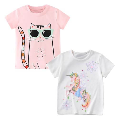 Codkkre Mädchen T-Shirt 2er Pack Baumwolle Tshirt Einhorn Kinder Kurzarm Rundhals Oberteil Sommer Kleidung für Kind 3-8 Jahre, Katze Rosa/Einhorn Weiß, 104 von Codkkre
