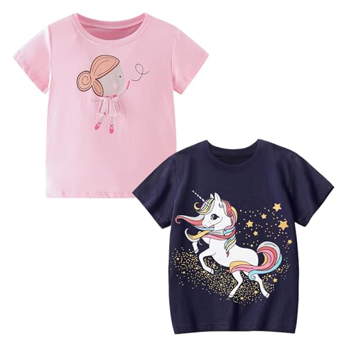 Codkkre Mädchen T-Shirt 2er Pack Baumwolle Tshirt Einhorn Kinder Kurzarm Rundhals Oberteil Sommer Kleidung für Kind 3-8 Jahre, Mädchen Rosa/Einhorn Dunkelblau, 104 von Codkkre