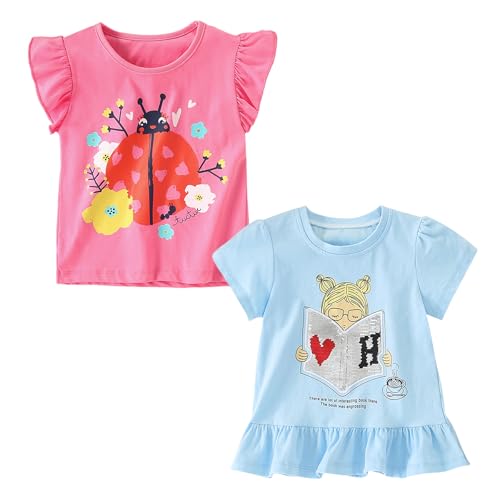 Codkkre Mädchen T-Shirt 2er Pack Baumwolle Tshirt Einhorn Kinder Kurzarm Rundhals Oberteil Sommer Kleidung für Kind 3-8 Jahre, Marienkäfer Rot/Mädchen Blau, 116 von Codkkre