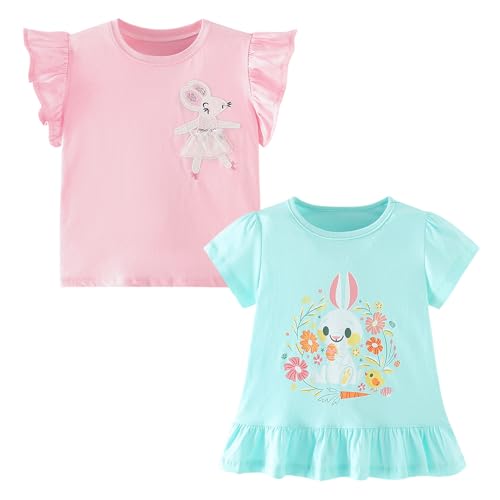 Codkkre Mädchen T-Shirt 2er Pack Baumwolle Tshirt Einhorn Kinder Kurzarm Rundhals Oberteil Sommer Kleidung für Kind 3-8 Jahre, Tanzen Rosa/Hare Grün, 104 von Codkkre