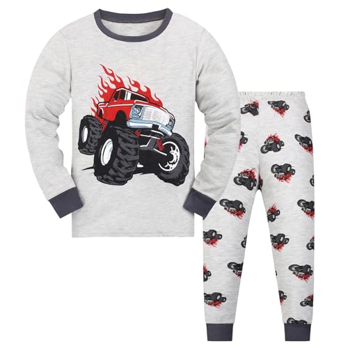 Codkkre Schlafanzug Jungen Kinder Pyjama Junge Auto Langarm Baumwolle Winter Weihnachten Nachtwäsche Gr.128, Grau/Auto von Codkkre