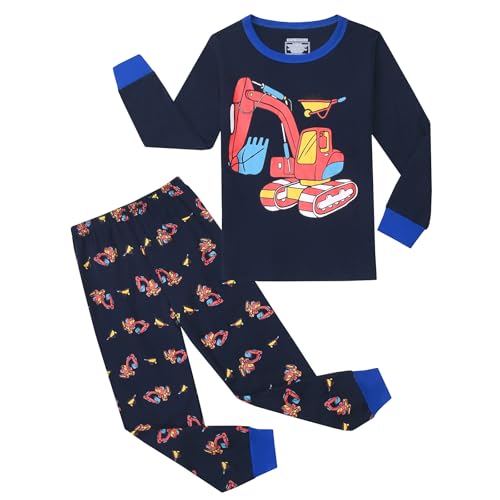 Codkkre Schlafanzug Jungen Kinder Pyjama Junge Bagger Traktor Langarm Baumwolle Winter Weihnachten Nachtwäsche Gr.122, Marineblau/Traktor von Codkkre