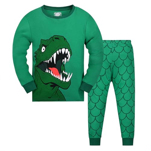 Codkkre Schlafanzug Jungen Kinder Pyjama Junge Dinosaurier Langarm Baumwolle Winter Weihnachten Nachtwäsche Gr.104, Grün/Dinosaurier von Codkkre