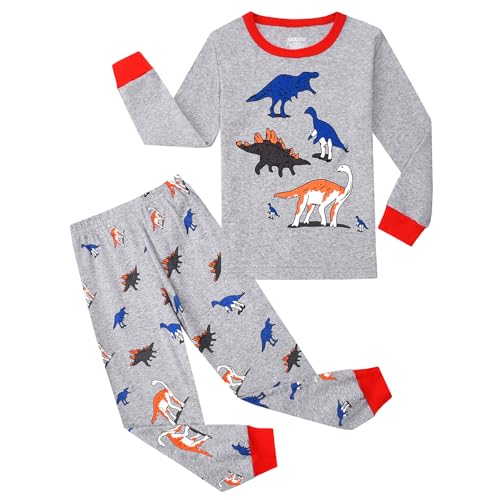 Codkkre Schlafanzug Jungen Kinder Pyjama Junge Dinosaurier Langarm Baumwolle Winter Weihnachten Nachtwäsche Gr.134, Grau/Dinosaurier von Codkkre