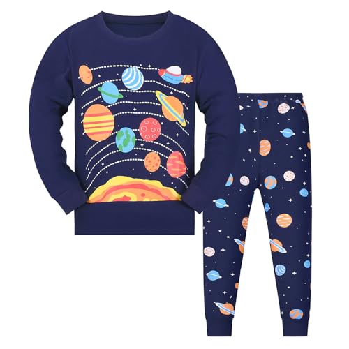 Codkkre Schlafanzug Jungen Kinder Pyjama Junge Weltraum Planet Langarm Baumwolle Winter Weihnachten Nachtwäsche Gr.116, Schwarz/Raum von Codkkre