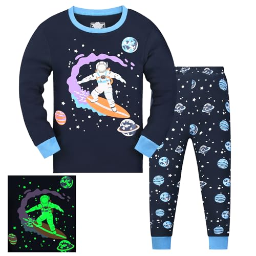 Codkkre Schlafanzug Jungen Kinder Pyjama Junge Weltraum Planet Langarm Baumwolle Winter Weihnachten Nachtwäsche Gr.98, Im Dunkeln leuchten/Weltraum von Codkkre